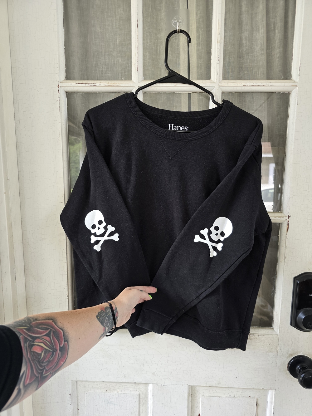 Hanes Black Crewneck Sweatshirt with White Skull Elbow Patches